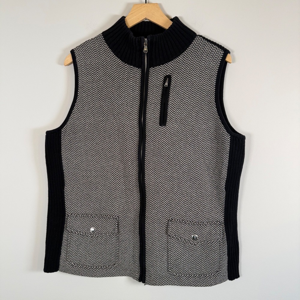 Lauren Ralph Lauren Zip Up Sweater Vest Jacket Knit 1X Herringbone Mock Neck